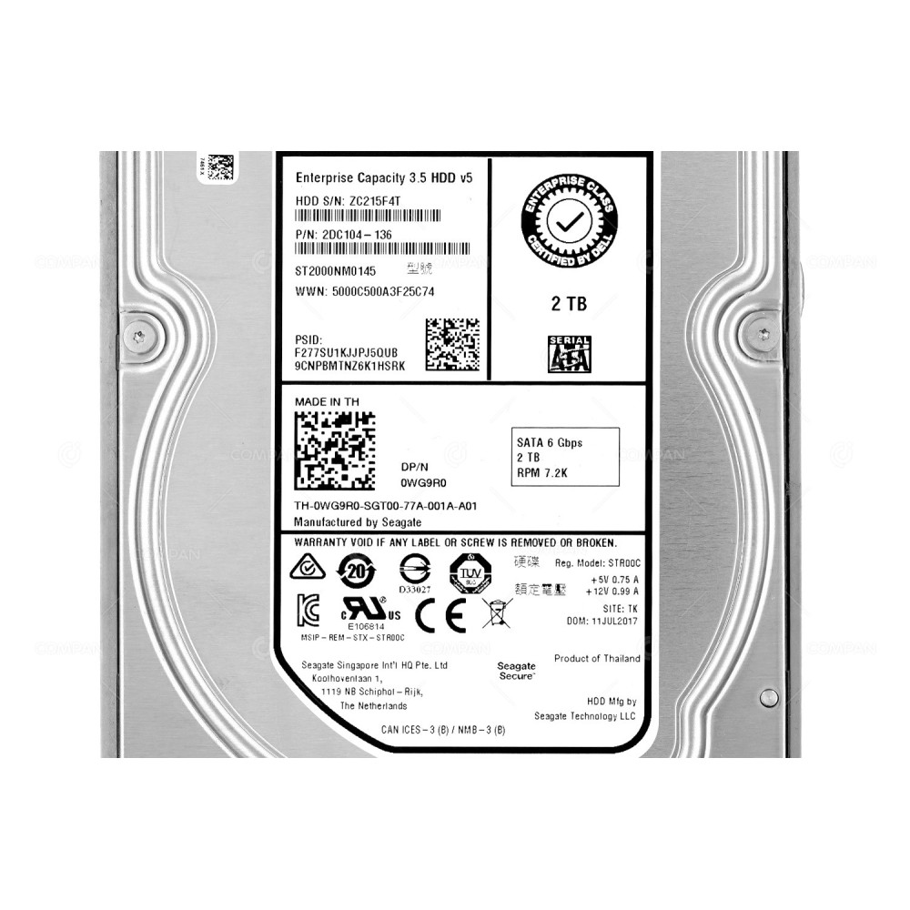 WG9R0 DELL 2TB 7.2K 6G SATA 3.5 LFF HARD DRIVE 0WG9R0, ST2000NM0145
